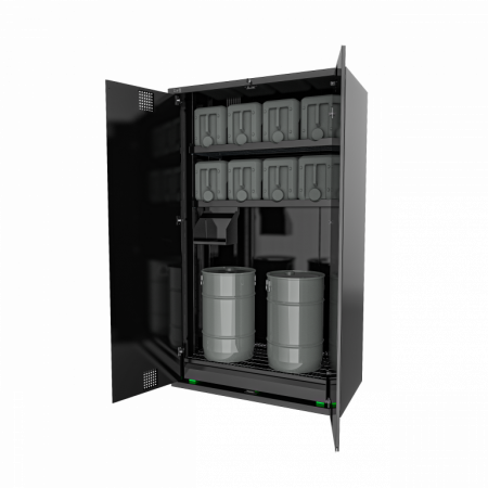Skříň na skladování oleje vybavená zámkem na klíč, 3 posuvnými a výškově nastavitelnými policemi, sběr oleje LV8 EQA03R černý