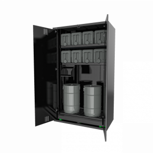 Skříň na skladování oleje vybavená zámkem na klíč, 3 posuvnými a výškově nastavitelnými policemi, sb LV8 černý