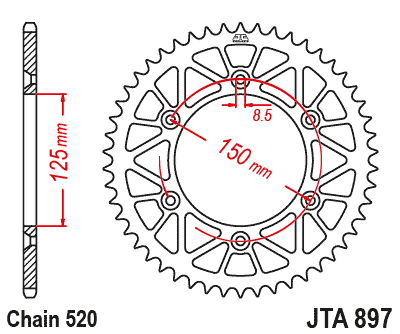 Hliníková řetězová rozeta JT JTA 897-50RED 50 zubů, 520 červená