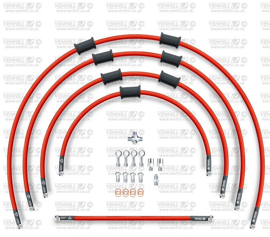 STANDARD Hadice přední brzdy sada Venhill HON-10029F-RD POWERHOSEPLUS (5hadic v sadě) červené hadice, chromové koncovky